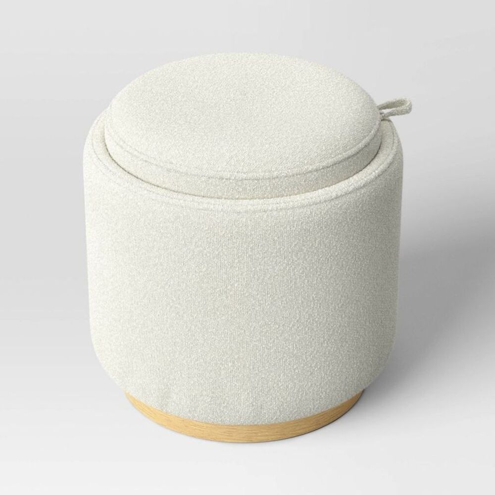 Round Upholstered Storage Ottoman Cream Boucle - Room Essentials
